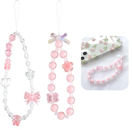 Fascetta 2PCS Charm Bracelet Strap Wrist Mobile Pendant Cute Crystal Heart Bow Flower Beaded Phone Strap Aesthetic Keychain Anti-Lost Decoration Lanyard Charms Accessories