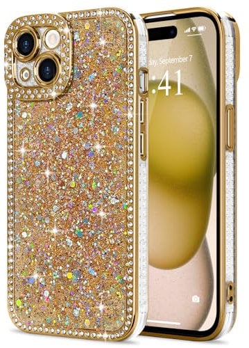 Lafunda for iPhone 15 Case for Womens Girls, Luxury Bling Glitter Diamond Crystal Festival Shiny Case Camera Protection Shockproof Silicone TPU Phone Cover for iPhone 15 6.1, Gold