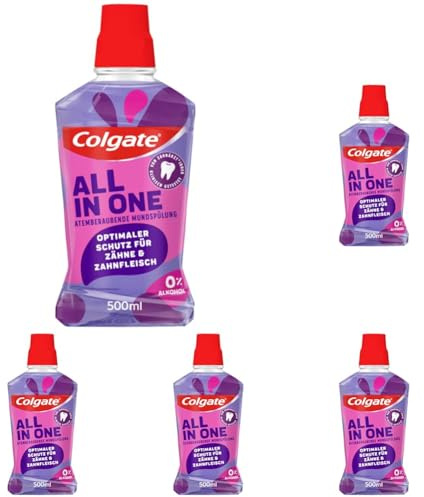 Colgate Mundspülung All In One 500 ml – für sofortige & anhaltende Frische und Kariesschutz – antibakterielle Mund- und Zahnreinigung ohne Alkohol** für optimalen Schutz (Packung mit 5)