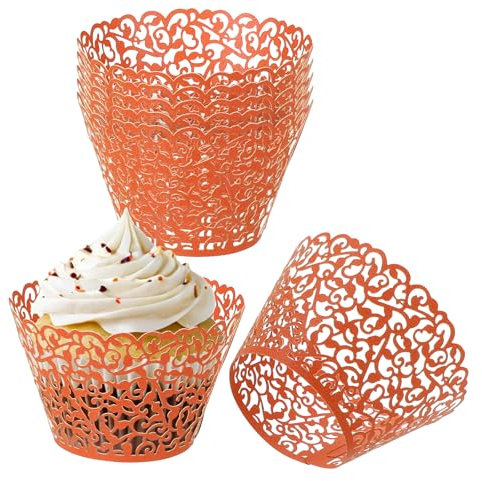 PATIKIL Cupcake Wrappers Paper, 50 Pack Baking Cups Standard Vine Decoration for Anniversary Birthday Weddings and Parties, Orange Red