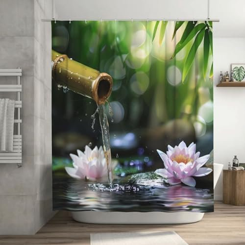 Mexpekil Rideau de douche 183 x 183 cm en bambou imperméable avec 12 crochets en plastique pour salle de bain et baignoire Motif nénuphars japonais zen