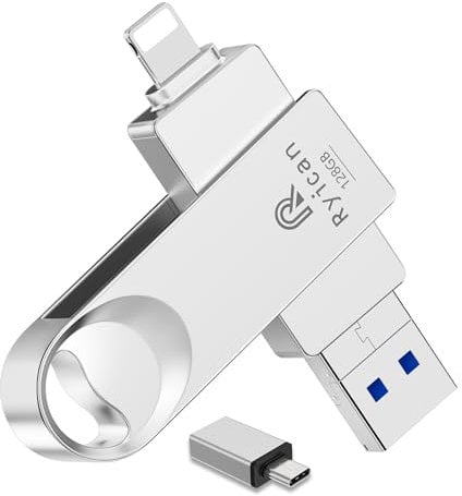 【sans APP】 Cle USB pour lPhone Ryican 128GO Clé USB C 4 en 1 Clef USB 3.0 Stockage Transfert Photos Est Idéale pour Voyageurs,Mini Clé USB Cryptée avec iOS/lPad/OTG Android/PC/Tablet,Argent