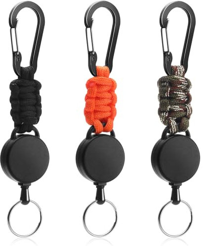 EOPUOZS Porte-clés Rétractable Lot de 3 - Câble Acier 60cm + Enrouleur Automatique, Mousqueton Professionnel (Noir/Camouflage/Orange) pour Badges et Clés
