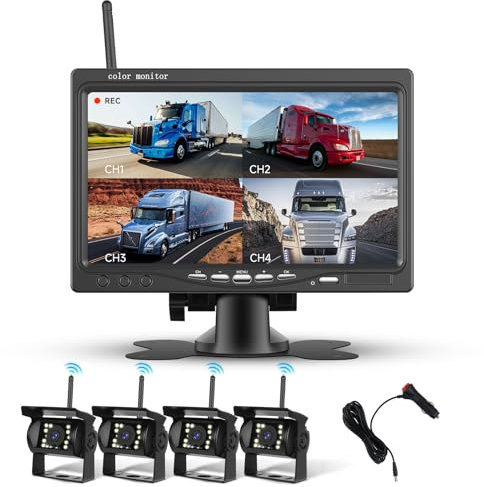 Kit Telecamera di Retromarcia Digitale Wireless con 4 Telecamere 1080P, Monitor Schermo 4 Diviso 7 Pollici con BSD, Visione Notturna Impermeabile Telecamere Posteriori per Camion RV 12V-36V Hodozzy