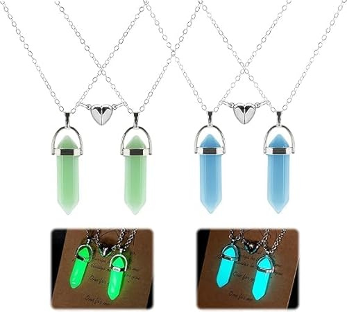 GIUSOBG Kristall Kette 4 Stücke Leuchtende Sechseckige Säule mit Kristallanhänger Herzförmige Halskette Paarkette Verstellbare Verlängerungskette Halskette Geeignet für Geschenke für Frauen