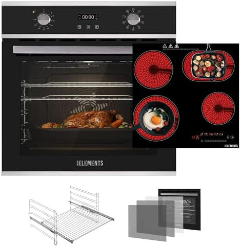 KB ELEMENTS Kit de cuisinière autonome - Four encastrable de 60 cm - Plaque à induction de 59 cm - 9 fonctions - Triple vitrage de protection thermique - Fonction rôtisserie - Fonction pizza - Classe