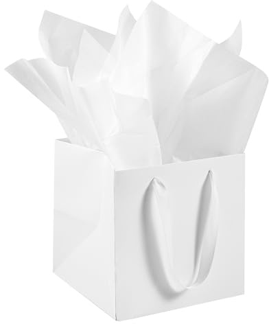 AZOWA White Square Gift Bags with Tissue - 25cm Paper Bags with Handles Birthday Party Favor Christmas Wedding Gift Box Flowers Decoration (10 PCS, 25x25x25 cm)