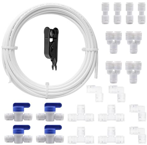 HAXIHA 10Mètres Tuyau d'alimentation en Eau Tube,1/4 Kit de Connecteurs de Réfrigérateur,Purificateurs d'eau à Connexion Rapide Raccords de Tube Type Y+T+I+L+Robinet à Bille Systèmes d'osmose Inverse