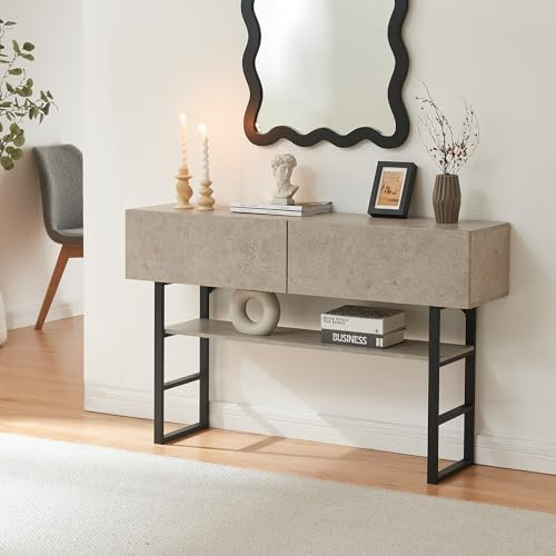 [en.casa] Tavolo a Consolle con Cassetti e Ripiano Mobile Contenitore Alto da Ingresso Corridoio 75 x 120 x 30 cm Telaio in Metallo - Effetto Cemento Chiaro