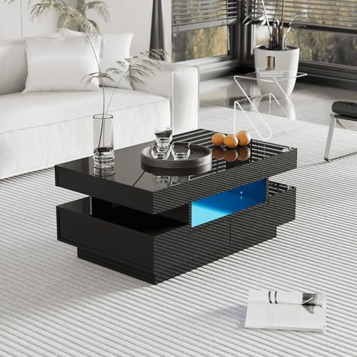Merax LED Coffee Table with Black High-Gloss Surface, 4 Drawers Front & Back, Large Storage Space, Adjustable LED Light Strip, 80×50×36 cm, Modern Living Room Center Table