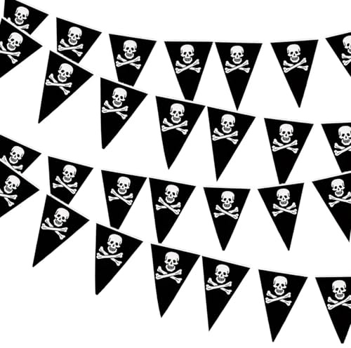 10M/31Ft Pirate Skull Crossbones Pennant Black Pirate Bunting Banner Triangle Flags Pirate Party Decorations for PirateTheme Party Decoration Photo Props Halloween Indoor Outdoor Decor