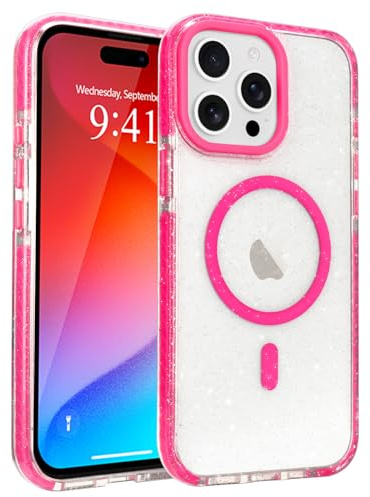 LLZ.COQUE for iPhone 15 Pro Max Bling Case Compatible with Magsafe Hot Pink | Magnetic Lovely Glitter Clear Phone Case for Women Girls, Sparkly Shiny Transparent Protection Shockproof Bumper Cover