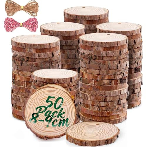 Unbehandeltes Baumscheiben 50 Stücke Holzscheiben Holz Log Scheiben 8-9cm und Nnatürliche Jute Seil für DIY Handwerk Holz-Scheiben Hochzeit Mittelstücke Weihnachten Dekoration Baumscheibe