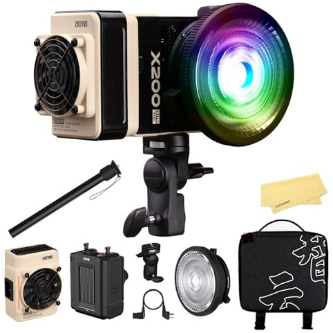 ZHIYUN MOLUS X200 RGB Combo Luce Video COB RGB 200 W Attacco Bowens | 2500–10000 K, 19.000 lux a 1 m, CRI 95, TLCI 97, controllo via app, hub batteria, asta di estensione e borsa