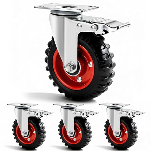 5 Inch Caster Wheels Heavy Duty with Dual-Lock Safety Brake and Rubber Tire Wheels, Heavy Duty - 400 Lbs Per Caster for Workbench, Trolley, Cabinet, Swivel Rubber Wheel 4-Packs with mounting Hardware
