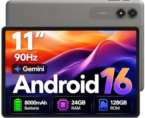 Tablet 11 Pollici Android 16 Tablet in Offerta, Display 90Hz, 24GB(6+18) RAM 128GB ROM (2TB TF), Gemini AI Integrata, 8000mAh, 13MP + 8MP, Face ID, WiFi, GPS, Protezione occhi IPS, Garanzia 4 Anni