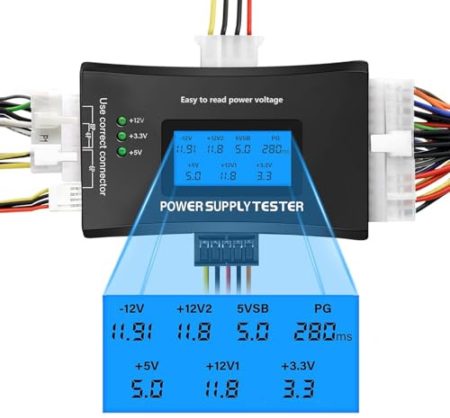 Tester per Alimentatori PC Ulegqin ATX Tester Alimentatore con Display LCD per alimentatori PC ATX/ITX/BTX/TFX, 20/24 pin, SATA, IDE, HDD, PCI-E 6 pin, tester per alimentatori computer con allarme