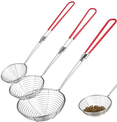 HOMSFOU Colander Ladle and Pot Strainer 3Pcs Stainless Steel Kitchen Utensils with Long Handle and Slotted Design for Cooking and Frying