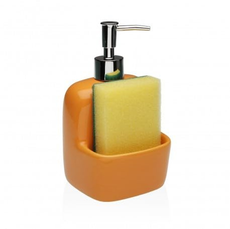 Dispenser Sapone Liquido in Ceramica Lucido con Vano Porta Spugna e Pompa Cromata – Dosatore Moderno per Bagno e Cucina, Ideale anche per Detersivo Piatti (Arancione)