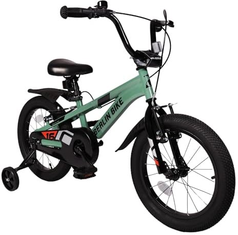 BERLIN BIKE Kinderfahrrad 16 Zoll mit Stützrädern, V Brake Bremsen und Klingel, Kinder Fahrrad für Jungen und Mädchen 4 bis 7 Jahre, mit Schutzblech vorne und hinten