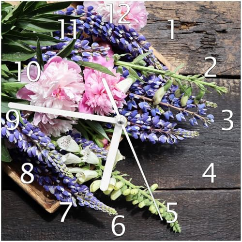 Wallario Design-Wanduhr Stillleben mit Frühlingsblumen aus Glas, Motiv-Uhr Größe 20 x 20 cm, weiße Zeiger