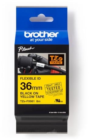 Brother TZe-FX661 Labelling Tape Cassette, Black on Yellow, 36mm (W) x 8M (L), Flexible ID, Brother Genuine Supplies
