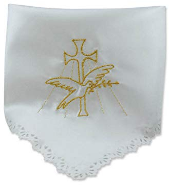 KERZENTUCH zur TAUFE aus SATIN [34 x 34 cm, weiß mit GOLDSTICKEREI] – für TAUFKERZE oder KOMMUNIONKERZE – MaMeMi Religious Collection