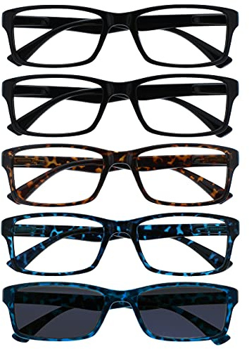 OPULIZE PEP Reading Glasses for Women Men, Large Rectangular Designer Frame with Spring Hinges, Scratch Resistant, Black, Brown, Blue, Blue Sun +3.5 (Pack of 5)