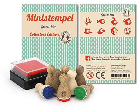 Stemplino Stempelset Glotzi - 8 Ministempel aus Holz plus Stempelkissen, Mini Stempel Set Mix
