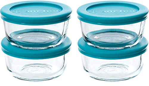 Anchor Hocking Classic Glass Food Storage Containers with Lids, Teal, 1 Cup (Set of 4)