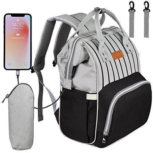 NEVEQ Baby Wickelrucksack, Babytasche für Reise, Wickeltasche Große Kapazität, Multifach Reise Rucksack Wasserdicht Fächer Babyflaschehälter (Schwarz und Grau mit Streifen)