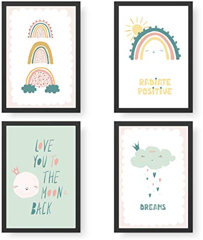 Papierdrachen 4 Kinder Premium Poster DIN A4 | Wandbilder für Kinderzimmer - Regenbogen - hochwertige Kunstdrucke | Dekoration | Wandbild Set