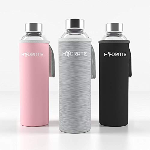Hydrate Borosilicate Glass Water Bottle, 550ml With Neoprene Carrying Sleeve | Eco Friendly & BPA-Free | Ideal For Cold & Hot Drinks | Pink