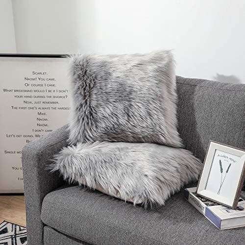 Sweetwill Pack of 2 Decorative Cushion Covers Grey 60x60CM Decorative Cushion Sheepskin Lambskin Faux Fur Long Hair Sofa Cushion Cuddly Cushion