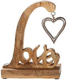 Dreamlight Moderne Skulptur Dekofigur Schriftzug Love aus Mangoholz Sockel aus Mangoholz Silber/braun 17x23 cm