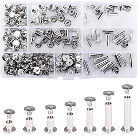 KJLEEN 230 Stück Chicago Bindung Schrauben Kits Buchschrauben 5 mm Schraubnieten 7 Größen Metall-Rundkopf für Lederdekoration Buchbinderei DIY Basteln