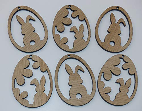 Osterdeko 6 Stück Ostereier mit Hase Osterhase Aufhänger Geschenk Deko MDF Eiche Furnier Zuhause je ca 9x6,6 cm Osterhasen Osterfest