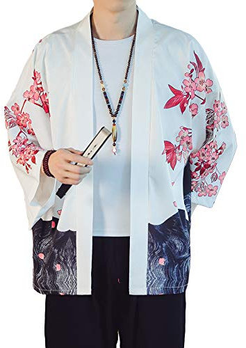 PRIJOUHE Men's Lightweight Kimono Jacket Seven Sleeve Open Front Cardigan Coat Japanese Style Bathrobe - - XXL
