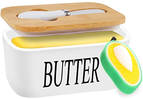 TWBEST Beurrier en Porcelaine,Boîte à Beurre avec Couvercle en Bambou+Couteau à Beurre+éponge de Nettoyage, pour Placer du Beurre du Fromage Fruit Salade-16.5 * 10 * 7.5cm