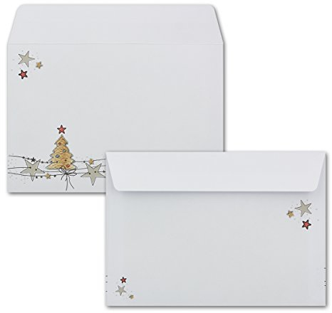 100x Briefumschläge DIN C6 in Weiß mit Weihnachtsbaum und Sternen - Haftklebung mit Abziehstreifen - 114 x 162 mm - 80 g/m² - Weihnachtsumschläge mit Motiv für Firmen und Privat