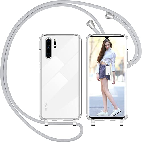 Nupcknn Handykette Hülle für Huawei P30 Pro Hülle TPU Bumper+PC Back Necklace(abnehmbar) Transparent Hülle mit Kordel zum Umhängen Handy Schutzhülle mit Band(Hellgrau, 6.47)