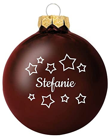 Deitert Weihnachtskugel mit Namen oder Wunschtext graviert, Ø 8cm, personalisierte Christbaumkugel aus Glas (glänzend), individueller Weihnachtsbaumschmuck mit Gravur, Sternen-Motiv, Schoko