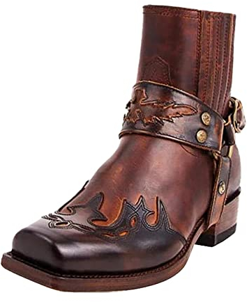 Hotberry Winterstiefel Herren Stiefeletten Retro Stickerei Cowboy Stiefel Westernstiefel Kurze Fläche rutschfest Knöchel Biker Boots mit Schnalle Motorradstiefel Winterstiefel, Wein, 43 EU