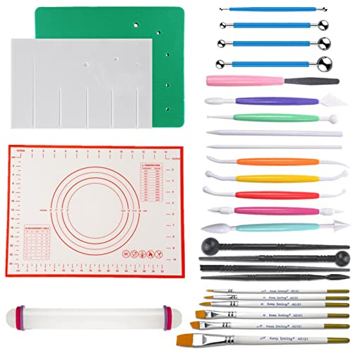 28PCS Sugar Flower Modelling Tools Fondant Cake Decorating Tools | Gum Paste Flower Modelling Tools,Cake Brush,Flower Ball,Frilling Stick,Flower Veiner Board,Foam Pad,Silicone Mat,Rolling Pin