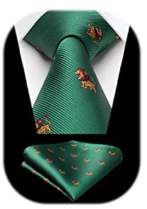 HISDERN Herren Krawatte Grün Löwenmuster Hochzeit Krawatte für Herren Klassische Business-Krawatte und Einstecktuch Set