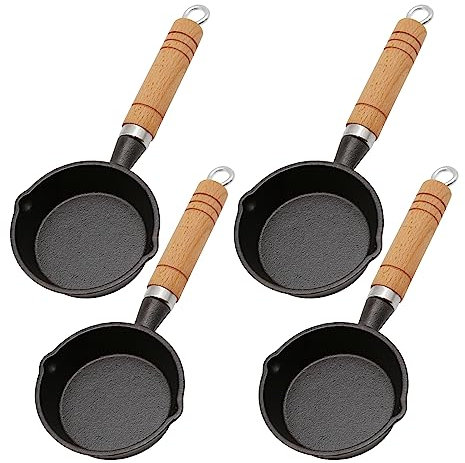 DUZFOREI Mini Cast Iron Skillet, Small Black Cast Iron Skillet, Mini Sizzling Plate, 4 Small Frying Pans, Nonstick Frying Pan, Skillet for Indoor and Outdoor Restaurant Kitchen (Wooden handle)