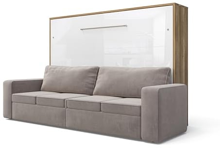 Schrankbett horizontale mit Sofa, Invento LED 160H mit Lattenrost aus Holz, Wandklappbett 160x200 erwachsene, modern concept und design, stabil,praktisch (Eiche Country/Weiß glanz + beiges Sofa)
