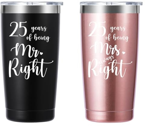 Merfefe Becher mit Aufschrift 25 Years Mr Right & Mrs Always Right, 590 ml, Geschenk für Paare, Verlobung, Brautparty, Geschenke für Jahrestag, Hochzeit, Braut, Bräutigam, frisch verheiratete