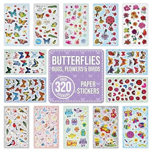 Butterfly Bugs Natur Aufkleber für Kinder, Erwachsene zum Scrapbooking, Basteln, Dekorieren - über 320 selbstklebende Papieraufkleber 14 Designs - Partytütenfüller für Kinder, Mädchen, Jungen - Vögel