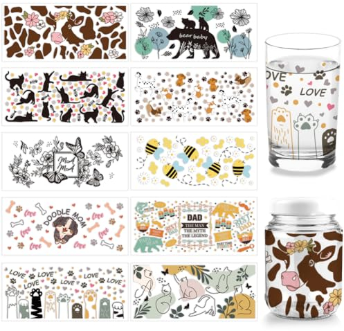 arricraft 10 Stück 10 Stile UV DTF Cup Wrap Transfer Aufkleber, Insekten-Tassen-Transferpapier Tiere Rub-On-Aufkleber Katze Hund Cup-Wrap-Aufkleber Wasserfeste Rub-Abziehbilder Für Bastelglas